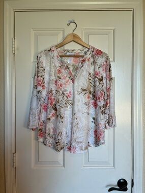 Alfred Dunner Floral V-Neck Blouse - Pink & Cream